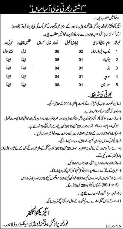 Fourth Provincial Buildings Division Lahore Jobs 2015 May Tube Well Driver, Sewerman, Chowkidar & Others