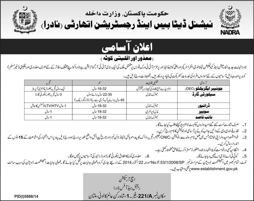 NADRA Multan Jobs 2015 May Data Entry Operators, Driver, Sweeper, Naib Qasid & Security Guard Latest