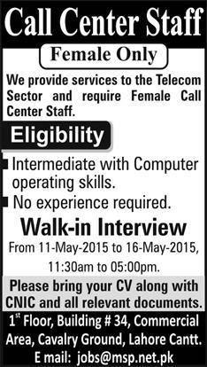 Call Center Jobs in Lahore 2015 May for Females Walk in Interviews Latest