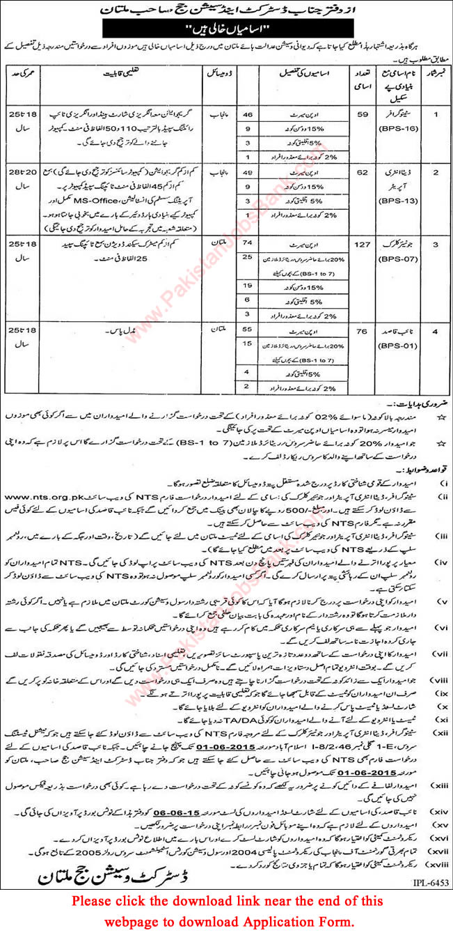 District and Session Court Multan Jobs 2015 May NTS Application Form Download Latest Advertisement