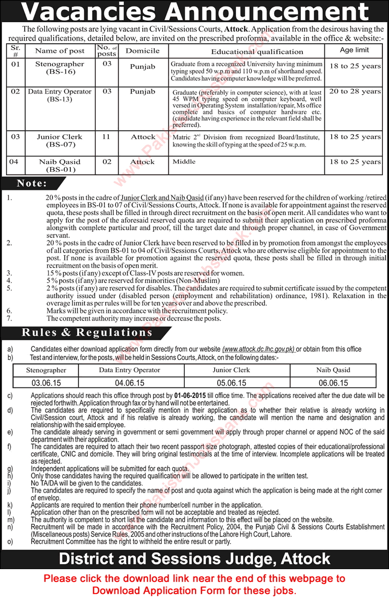 Civil & District and Session Courts Attock Jobs May 2015 Application Form Junior Clerks, DEO, Stenographers & Naib Qasid
