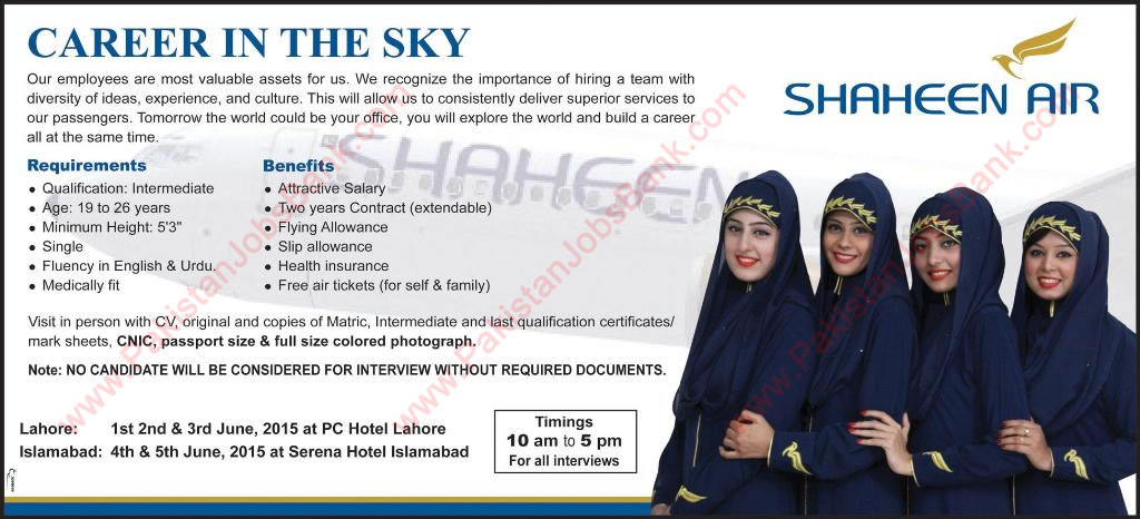 Air Hostess Jobs in Shaheen Air May 2015 Female Cabin Crew Lahore / Islamabad Interviews Schedule