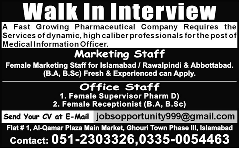 Latest Jobs in Pharmaceutical Company 2015 May Female Pharmacist, Receptionist & Marketing Staff