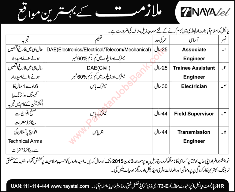 Job Opportunities in Nayatel Islamabad Rawalpindi May 2015 Associate Engineers, Field Supervisors & Others