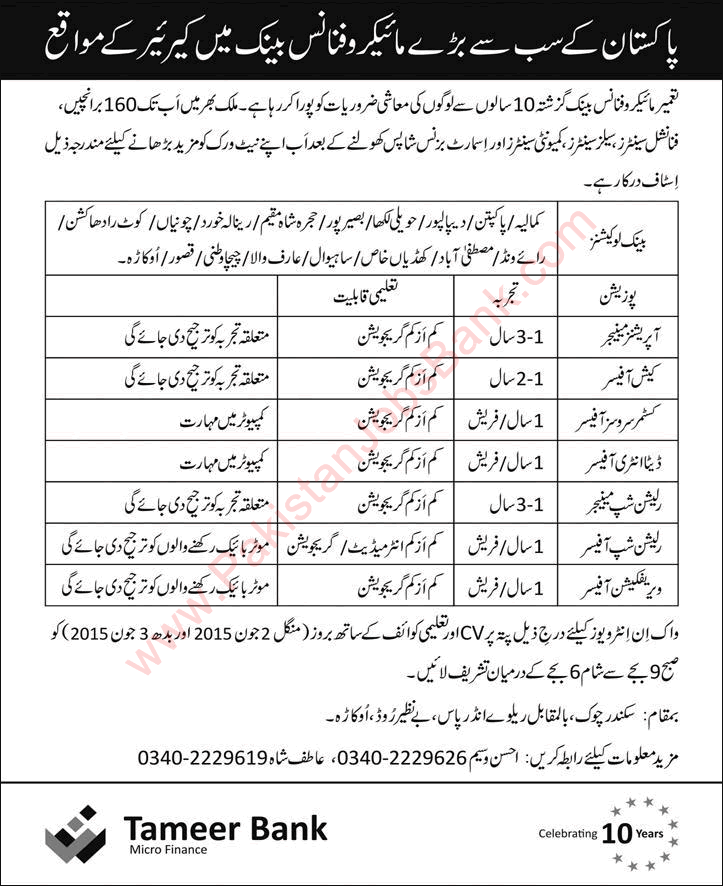 Careers in Tameer Microfinance Bank 2015 June Managers, Data Entry / Cash Officers & Others