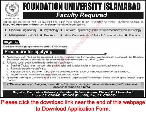 Foundation University Islamabad Vacancies of Teaching Faculty 2015 June Application Form Download