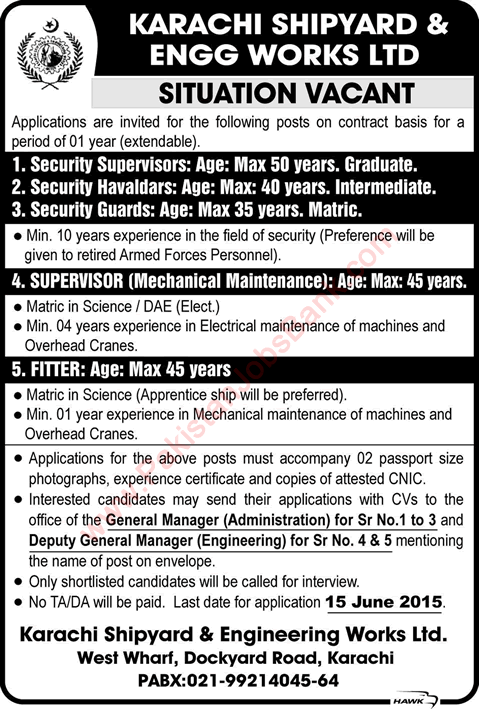 Karachi Shipyard and Engineering Works Careers 2015 June Supervisor, Fitter & Security Staff Latest