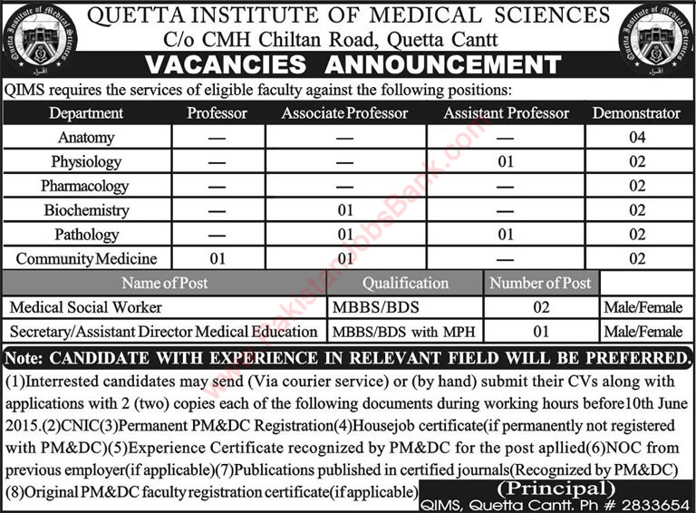 Vacancies in Quetta Institute of Medical Sciences 2015 June Medical Teaching Faculty & Others