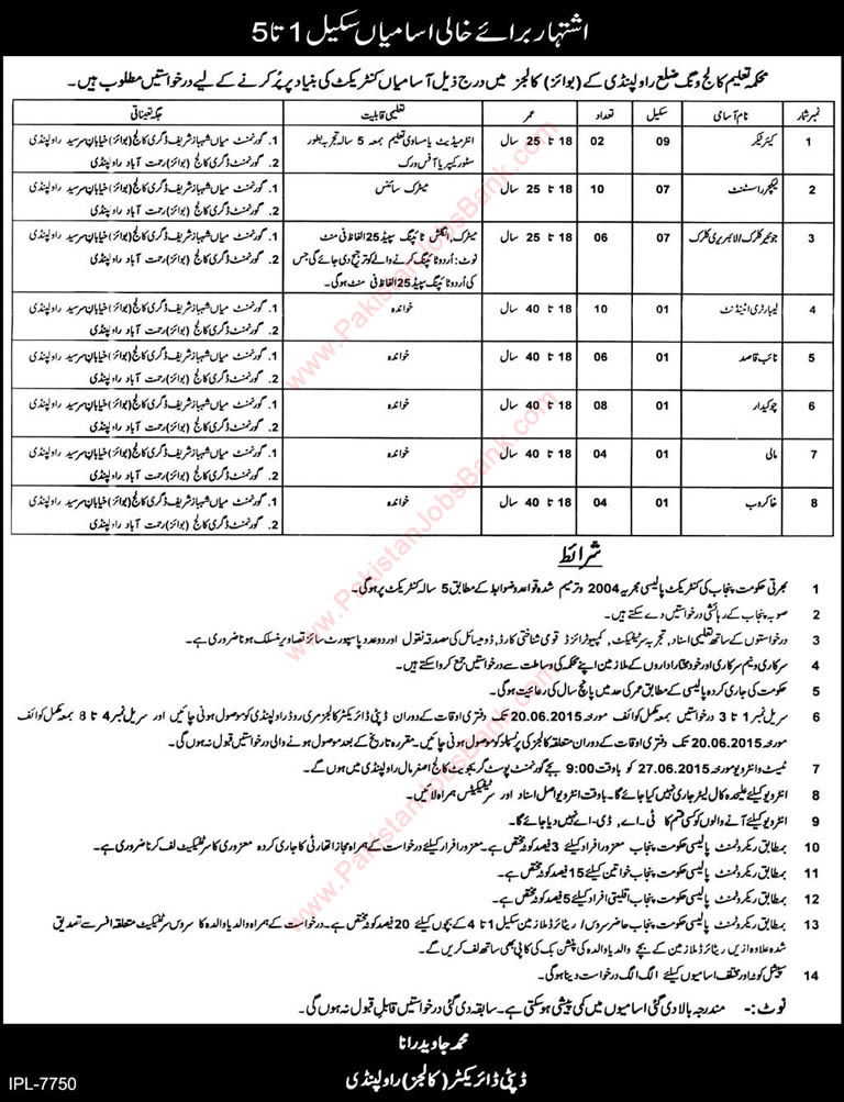 Education Department Rawalpindi Jobs 2015 June College Wing Lab Attendant, Lecturer Assistant & Others