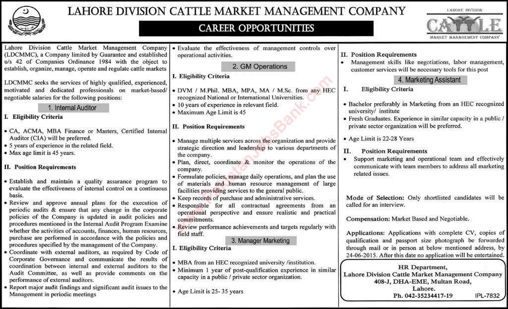 Cattle Market Management Company Lahore Jobs 2015 June Internal Auditor, Marketing Manager / Assistant & General Manager