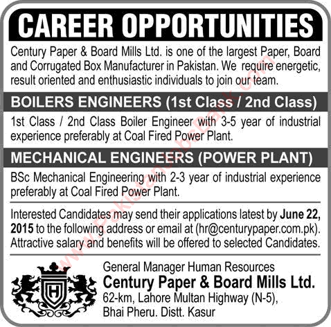 Boiler & Mechanical Engineer Jobs in Kasur 2015 June at Century Paper and Board Mills Limited