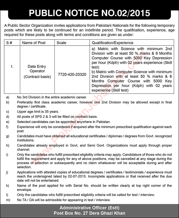 PO Box 27 Dera Ghazi Khan Jobs 2015 June Data Entry Operator in PAEC Latest