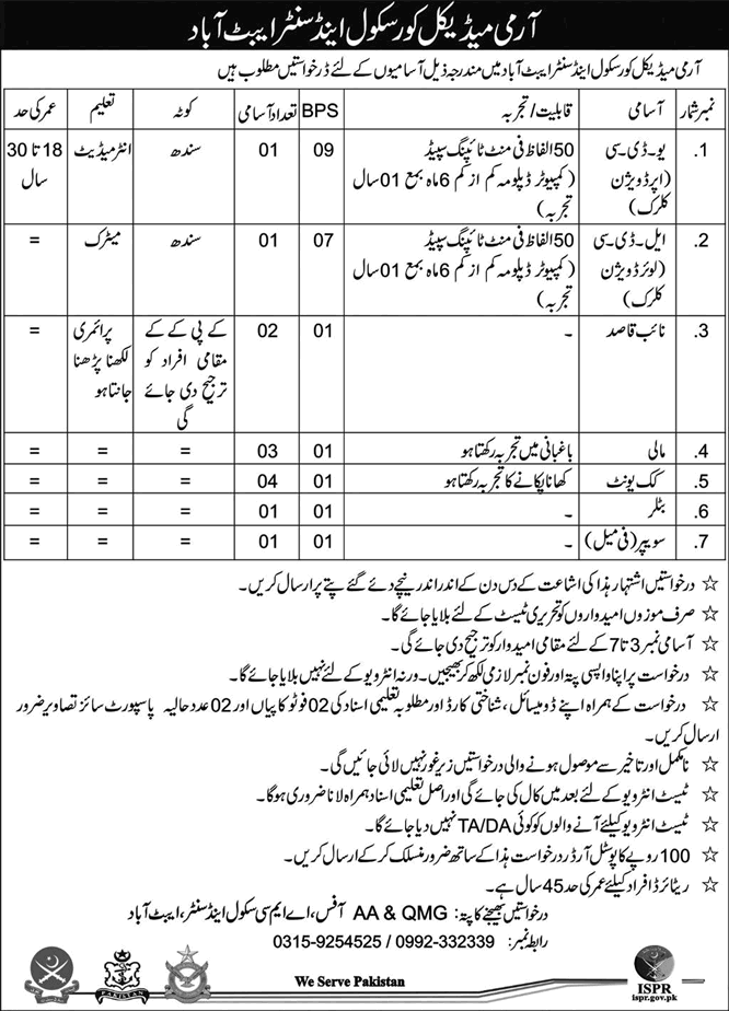 Army Medical Corps School and Centre Abbottabad Jobs 2015 June Clerks, Naib Qasid, Mali, Cook & Others