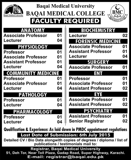 Baqai Medical College Karachi Jobs 2015 June Medical Teaching Faculty Latest Advertisement
