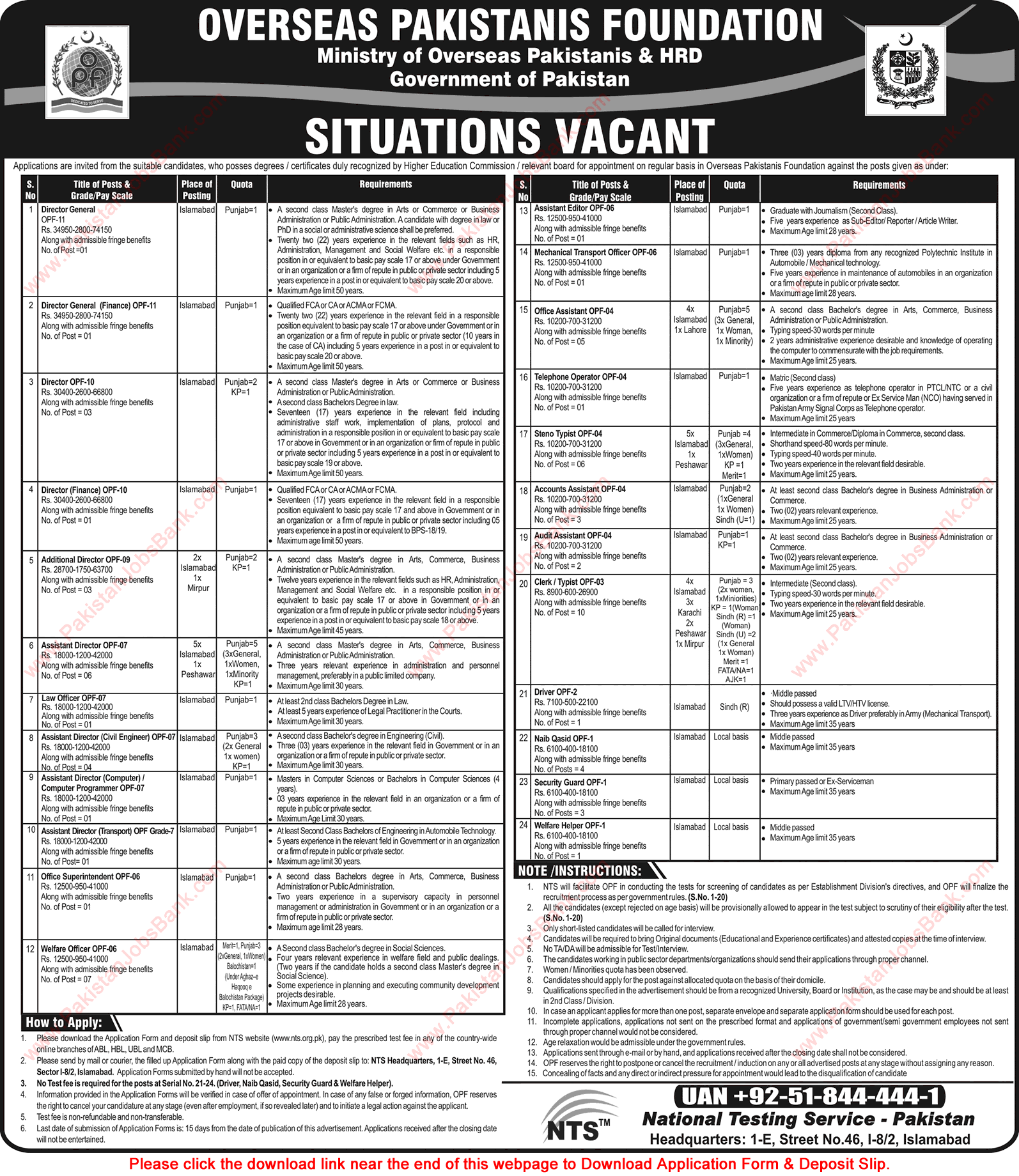 Overseas Pakistanis Foundation Jobs 2015 June / July NTS Application Form Download OPF Latest