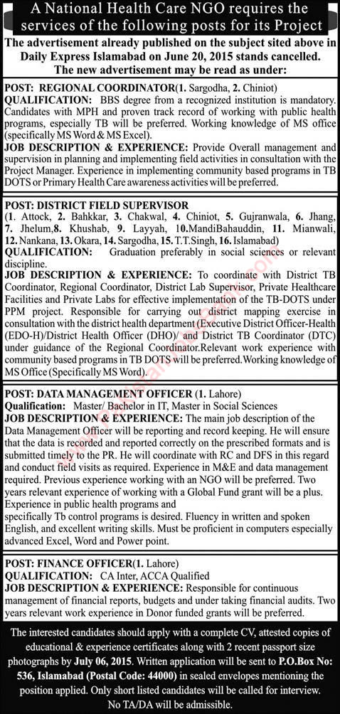 PO Box 536 Islamabad Jobs 2015 June / July for a National Health Care NGO Latest