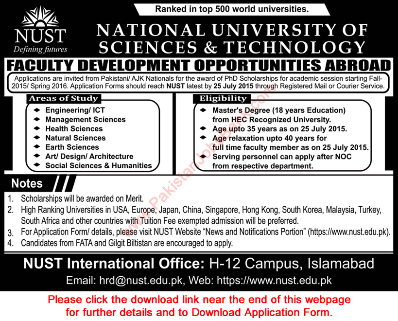 NUST Faculty Development Program 2015 June / July PhD Scholarships in Abroad Application Form