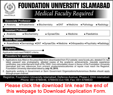 Foundation University Islamabad Jobs 2015 June / July Medical Faculty Application Form Download