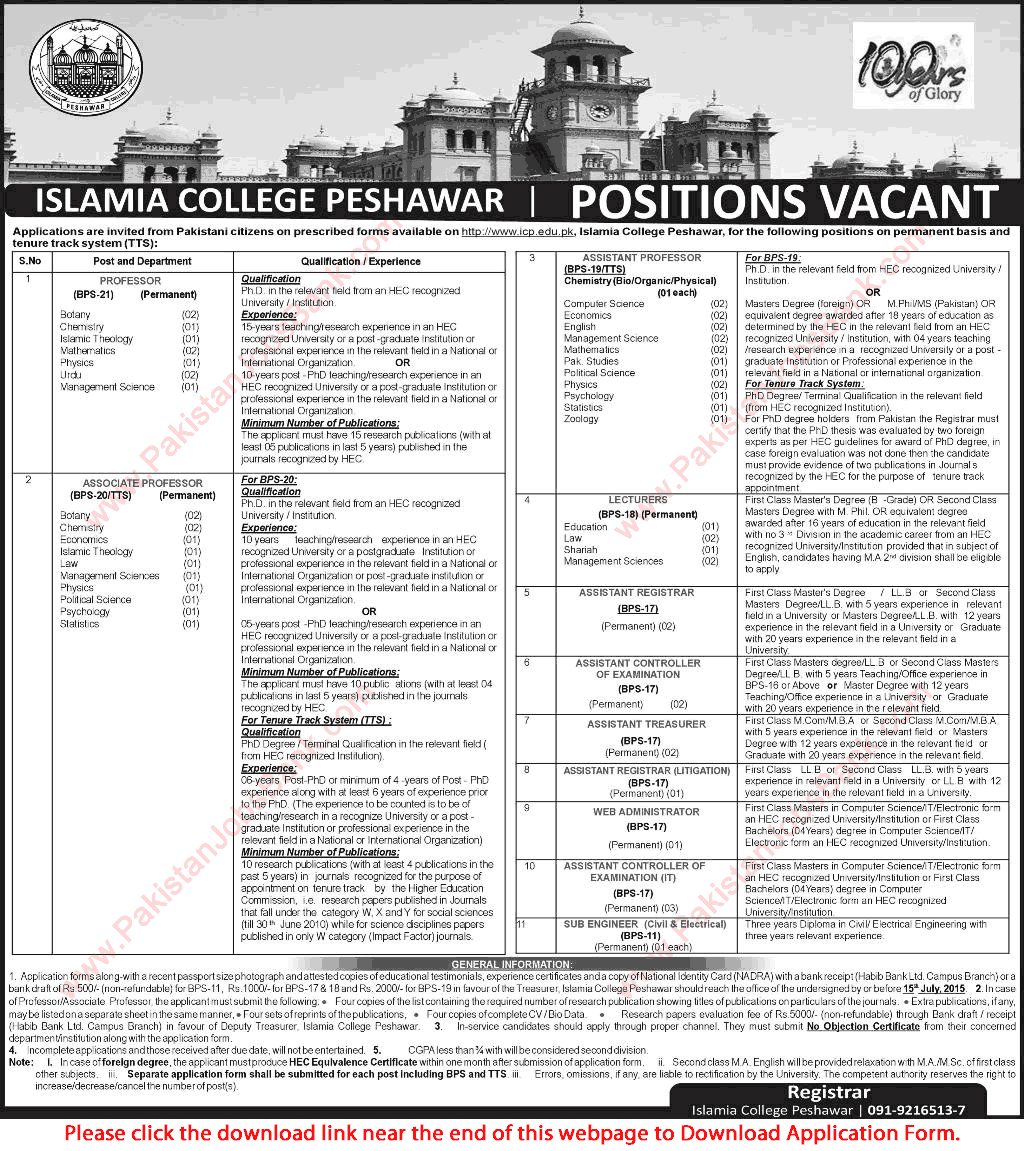 Islamia College Peshawar Jobs 2015 June / July Application Form Teaching Faculty & Admin Staff