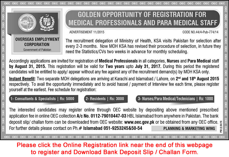 Ministry of Health Saudi Arabia Jobs 2015 July Pakistani Doctors, Nurse & Technicians OEC Online Registration