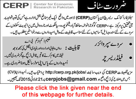 Center for Economic Research in Pakistan Jobs 2015 July CERP Survey Supervisor & Field Researcher