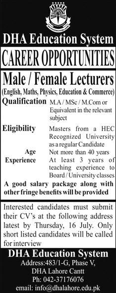 Lecturer Jobs DHA Education System Lahore 2015 July Latest