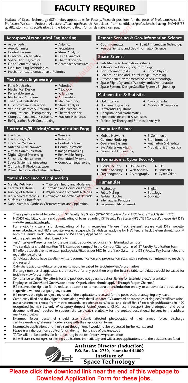 Institute of Space Technology Islamabad Jobs 2015 August Teaching Faculty IST Application Form
