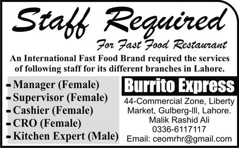 Restaurant Management & Kitchen Expert Jobs in Lahore 2015 August at Burrito Express Latest