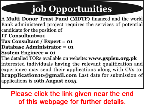 Multi Donor Trust Fund Pakistan Jobs 2015 August Database Administrator, System Engineer & IT / Tax Consultants