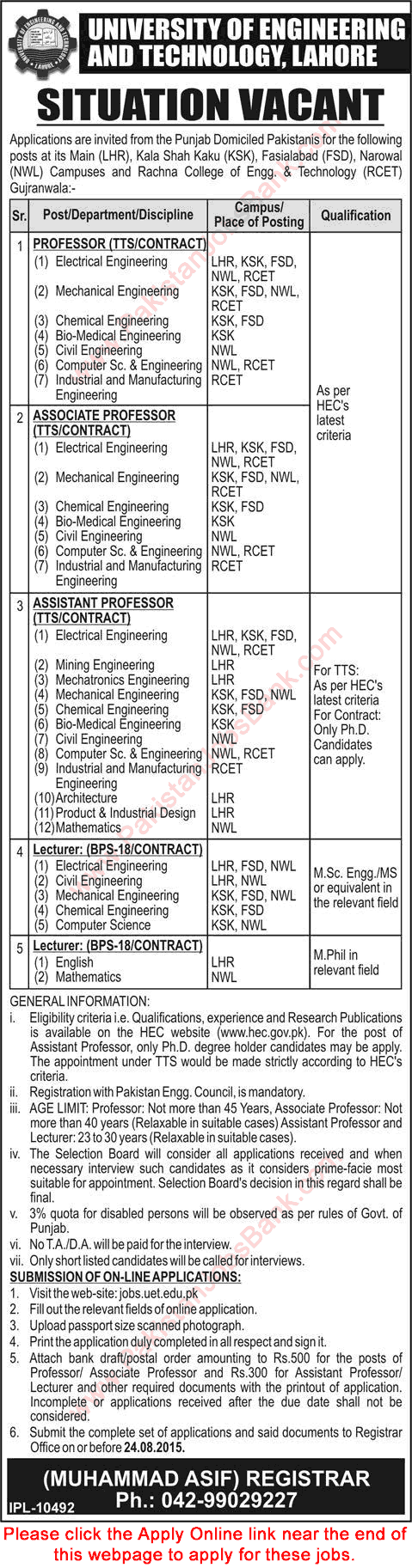 UET Jobs August 2015 Apply Online for Teaching Faculty University of ...