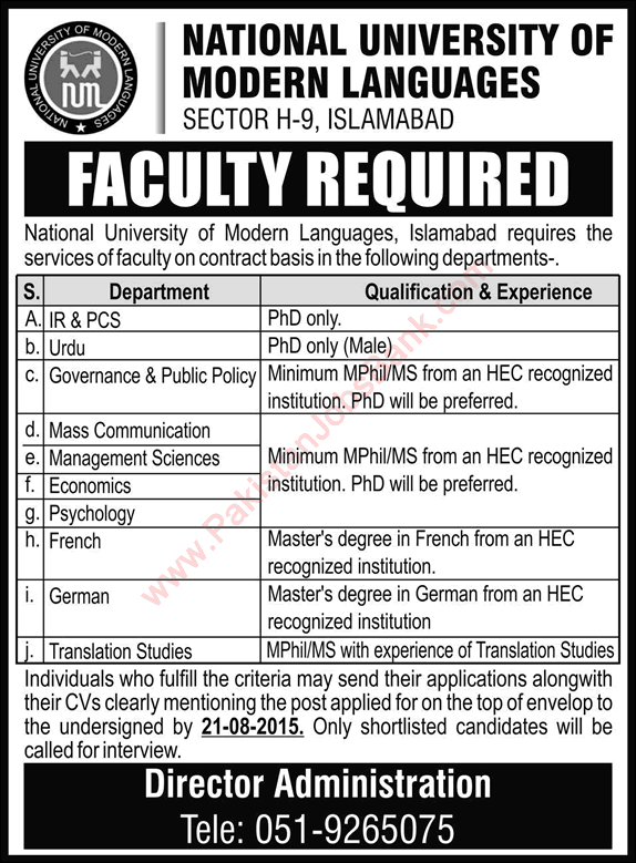NUML Islamabad Jobs 2015 August Teaching Faculty at National University of Modern Languages