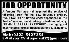 Sales Women & Dress Sketcher Jobs in Pakistan 2015 August Marriage Hall