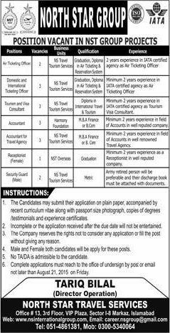 North Star Group Pakistan Jobs 2015 August Accountant, Receptionist, Ticketing Officer & Others