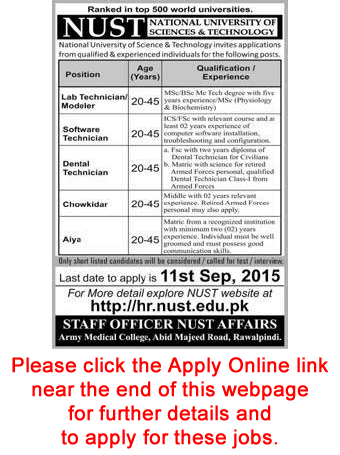 NUST University Islamabad Jobs 2015 August Apply Online Lab / Software / Dental Technicians, Chowkidar & Aya
