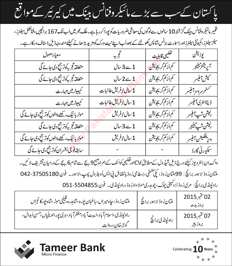 Tameer Bank Jobs 2015 August / September Lahore & Rawalpindi Region Interviews Schedule Latest