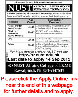 NUST Islamabad Jobs 2015 August / September Apply Online Clerks, Hostel Warden, Lab Technician & Driver
