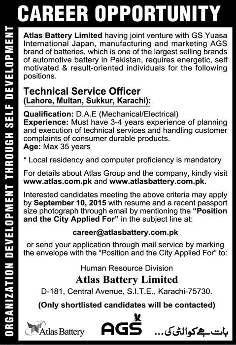 Atlas Battery Jobs 2015 August / September Electrical / Mechanical Engineers as Technical Service Officer