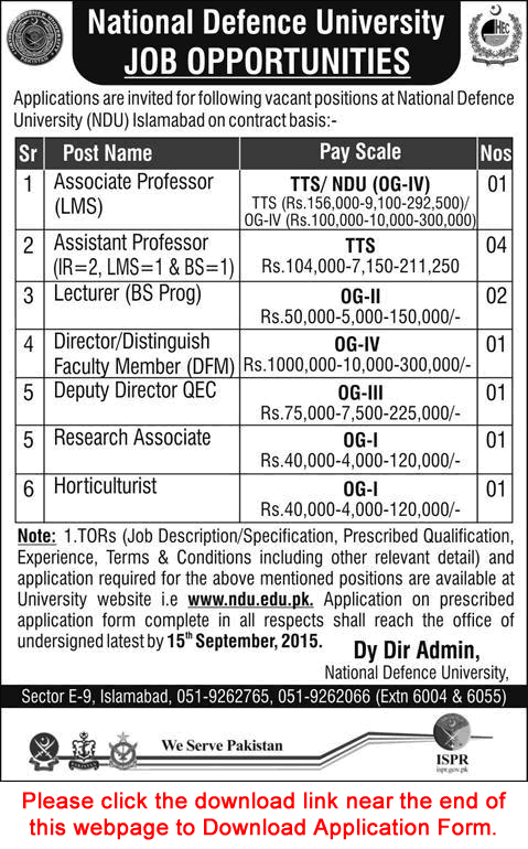 National Defence University Islamabad Jobs 2015 August / September NDU Application Form Download