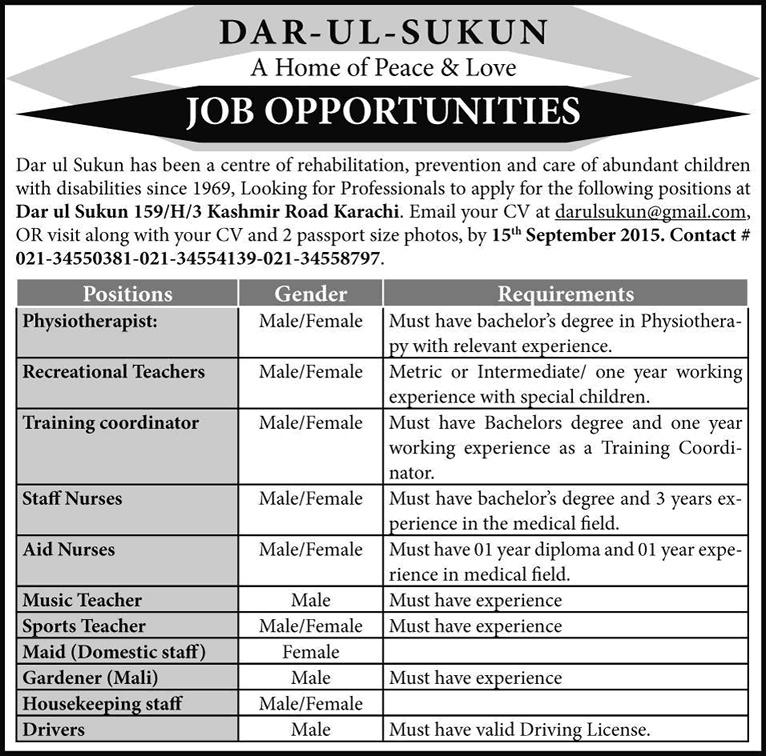 Dar-ul-Sukun Karachi Jobs 2015 August / September Teachers, Physiotherapist, Nurses, Drivers & Others