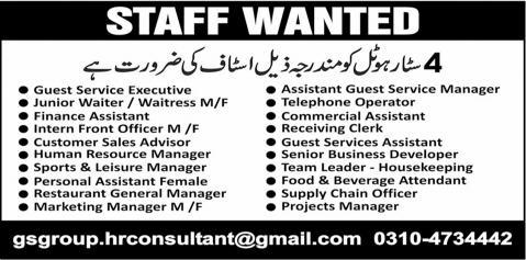 Hotel Jobs in Karachi 2015 August / September Managers, Clerks, Receptionist, Waiters & Others