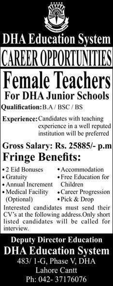 DHA Education System Lahore Jobs 2015 September Female Teachers for DHA Junior Schools Latest