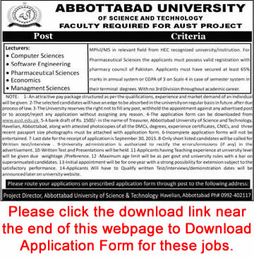 Lecturer Jobs in Abbottabad University of Science and Technology 2015 September Application Form