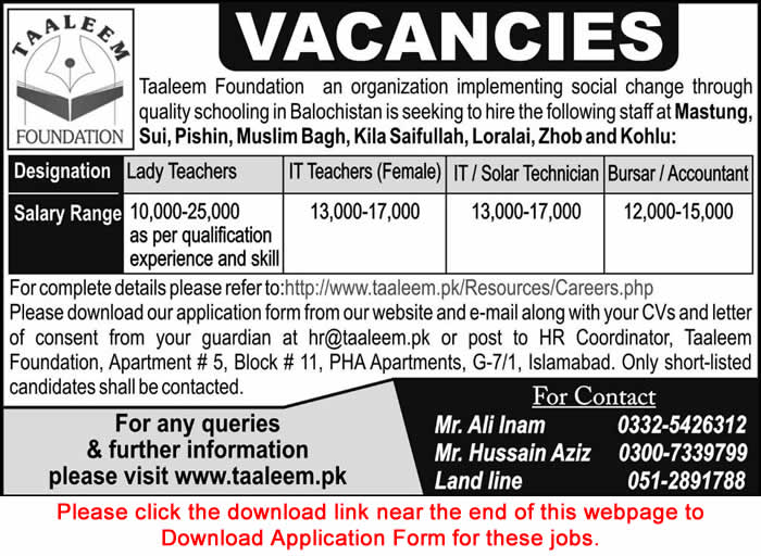 Taaleem Foundation Balochistan Jobs 2015 September Teaching Faculty, Accountant & IT / Solar Technician