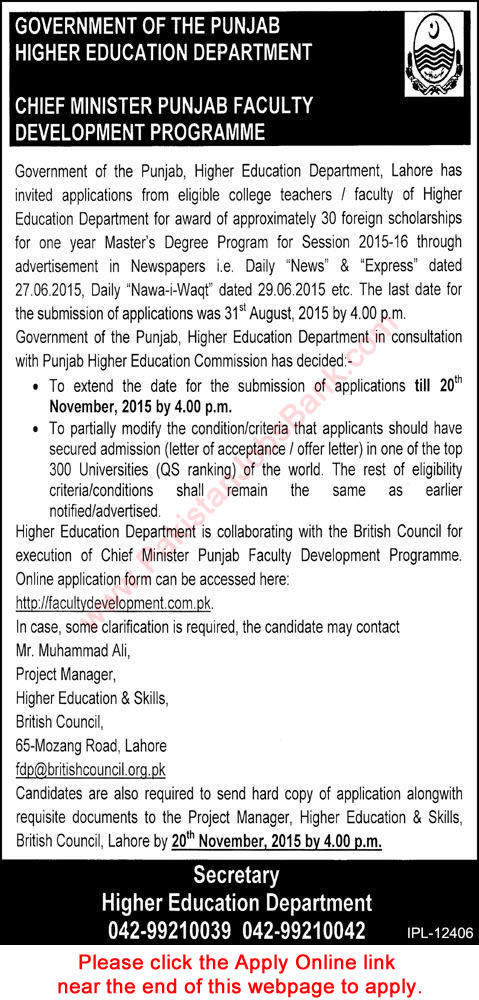 Chief Minister Punjab Colleges Faculty Development Program 2015 September Online Apply HED