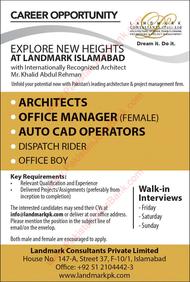 Landmark Consultants Islamabad Jobs 2015 September Architects, Officer Manager, AutoCAD Operator & Others