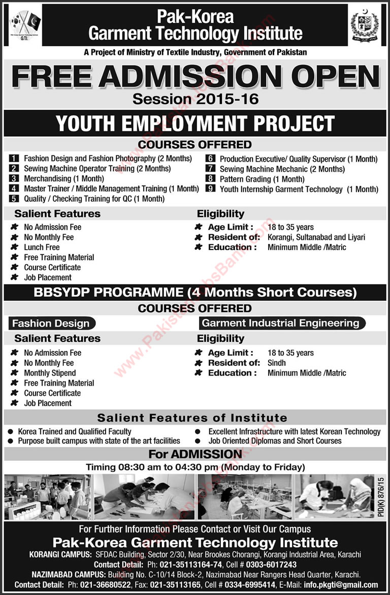 Pak-Korea Garment Technology Institute Karachi Free Courses 2015 September BBSYDP & Youth Employment Project