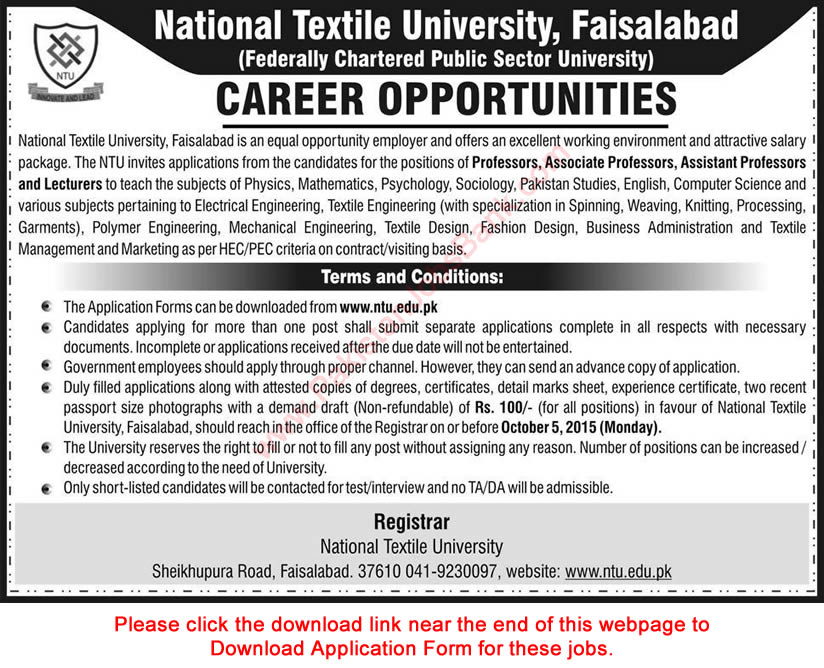 National Textile University Faisalabad Jobs 2015 September / October NTU Application Form Teaching Faculty