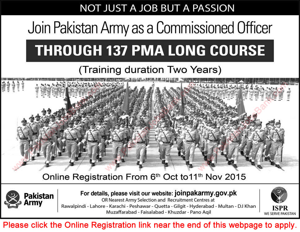 Join Pakistan Army as Commissioned Officer 2015 October through 137 PMA Long Course Online Registration