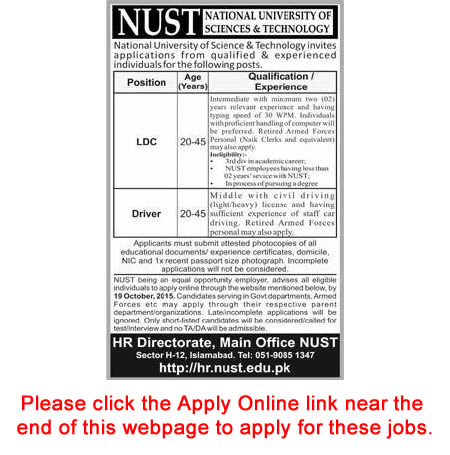 Clerk & Driver Jobs in NUST University Islamabad 2015 October Apply Online