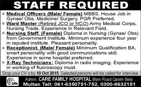 Care Family Hospital Multan Jobs 2015 October Medical Officers, Nurses, Receptionist, X-Ray Technicians & Ward Master